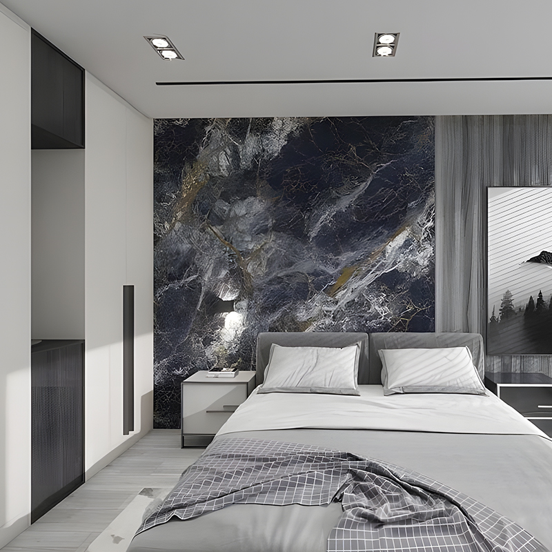 Pellicola di trasferimento in PET con decorazione murale per sfondo della camera da letto dell'hotel in pietra d'inchiostro dorata