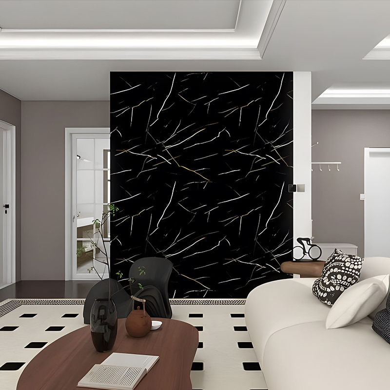 Decorazione della parete di fondo del soggiorno in seta nera dorata, pellicola di trasferimento in PET